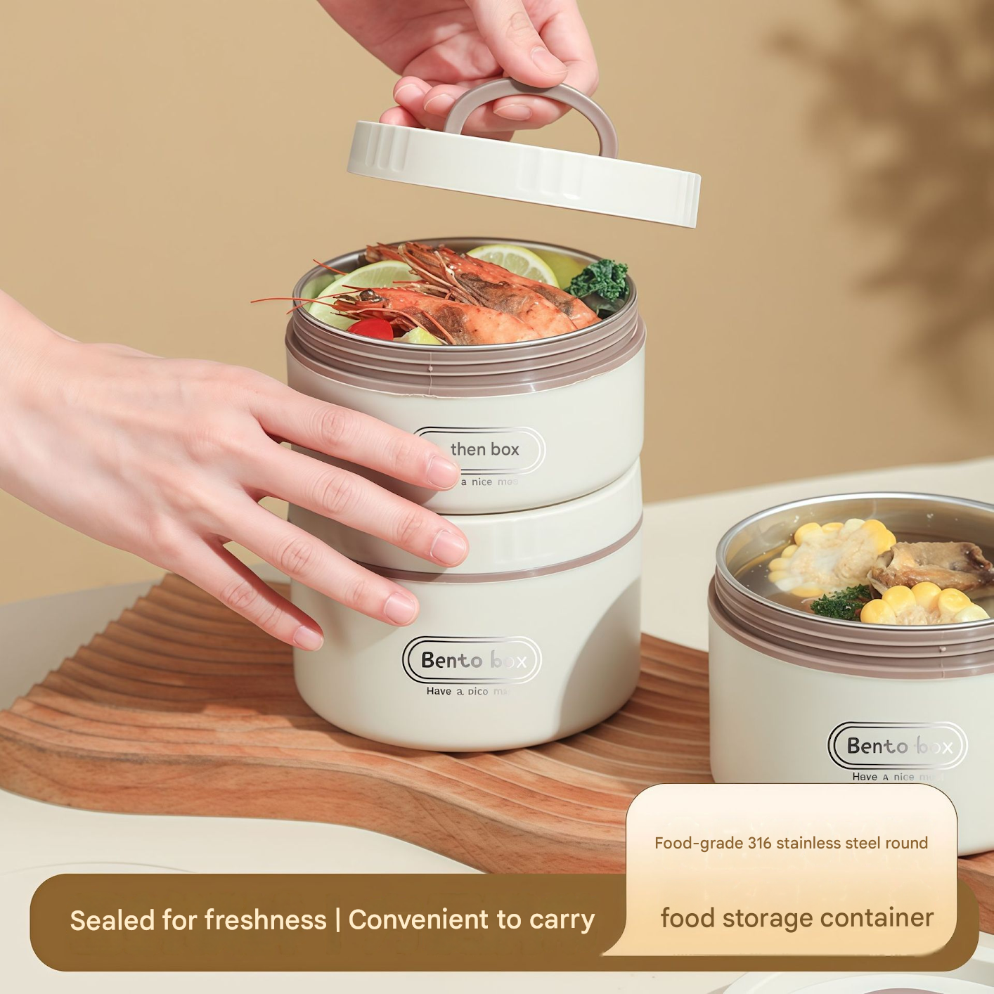 316 Stainless Steel Double Layer Insulated Lunch Box Microwave Safe Round Bento Box with Insulated Bag and Cutlery(1 large, 2 small) - Image 2