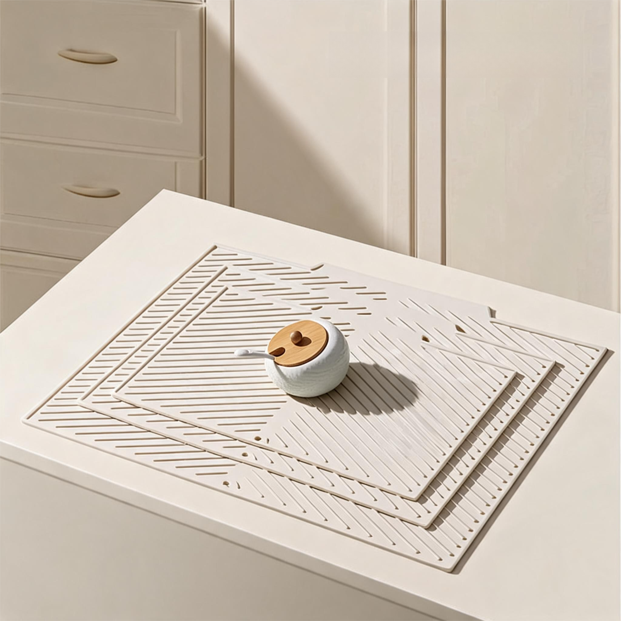 3-Piece Beige Silicone Draining Mat Set Kitchen Counter Protector Heat-Resistant Non-Slip Mats Large Medium Small - Image 1