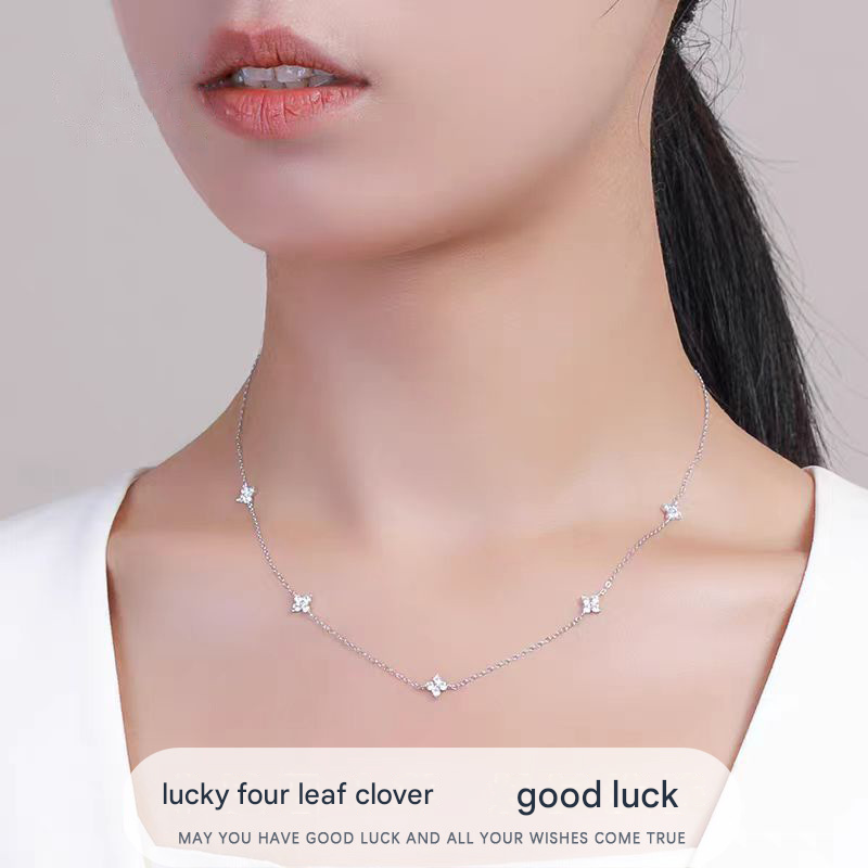Silver Lucky Four Leaf Clover Necklace Women Delicate Clavicle Chain Sparkling Zirconia Charm Necklace Gift for Her - Image 1