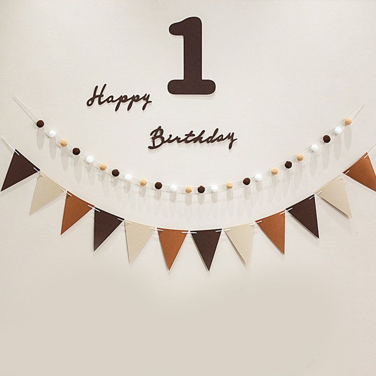 Felt Birthday Banner Set with Interchangeable Numbers 0-9 Pom Pom Garland Pennant Flags Happy Birthday Decoration - Image 1