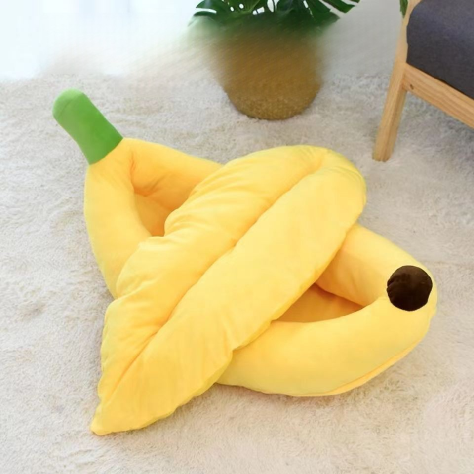 Banana Boat Pet Bed Plush Soft Dog Cat Nest with Cushion Warm Cozy Banana Shape Pet House for Small Medium Dogs Cats(Size: S) - Image 1