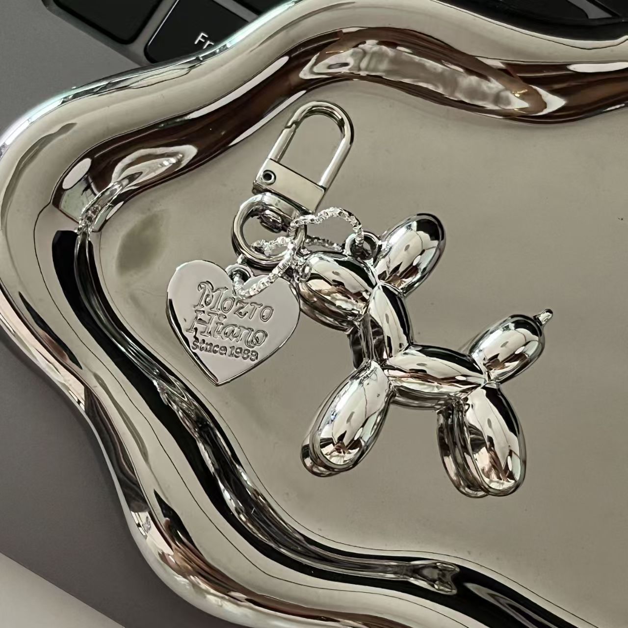 2-Piece Silver Balloon Dog Keychain Set with Heart Charm Bag Pendant Cute Couple Gift - Image 1