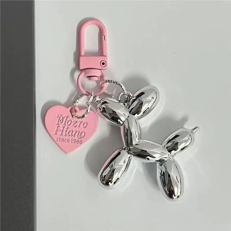 2-Piece Silver Balloon Dog Keychain Set with Heart Charm Bag Pendant Cute Couple Gift(Pink button) - Image 1