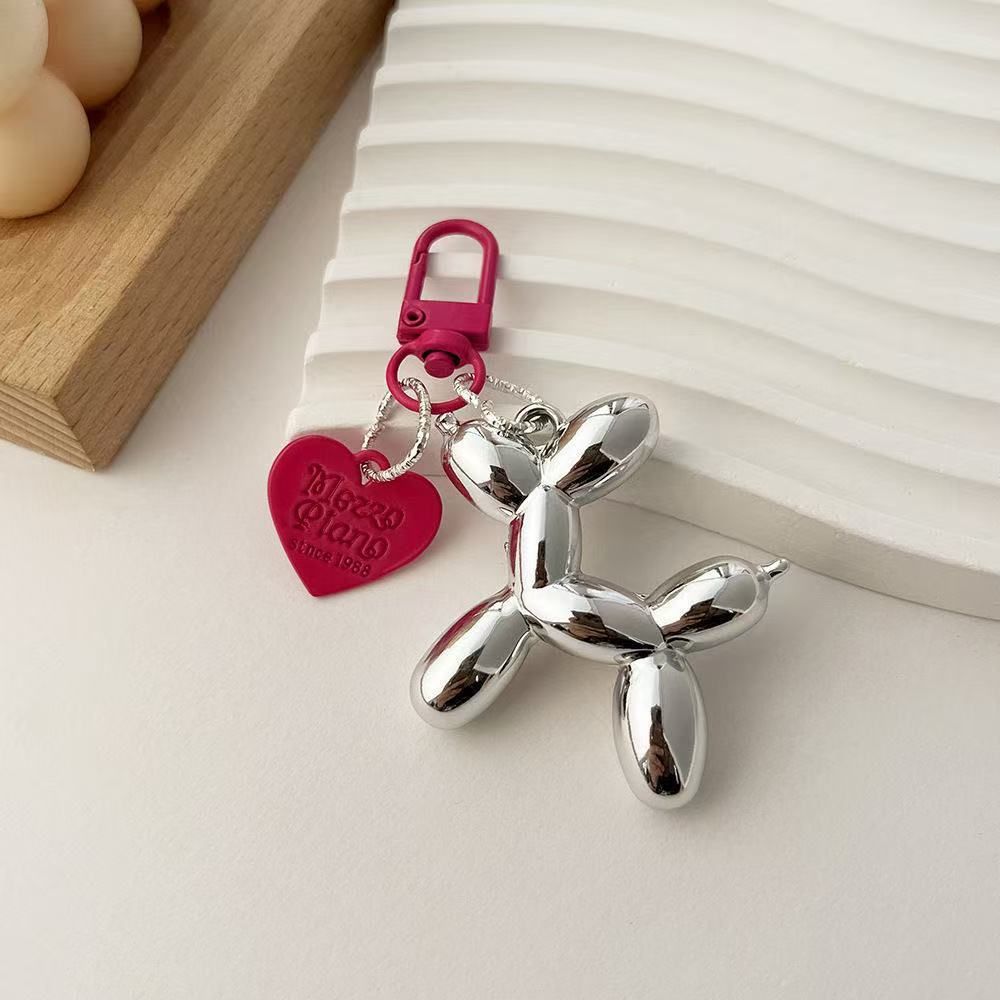 2-Piece Silver Balloon Dog Keychain Set with Heart Charm Bag Pendant Cute Couple Gift(Rose red button) - Image 1