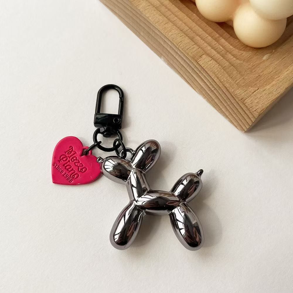 2-Piece Gun black Balloon Dog Keychain Set with Heart Charm Bag Pendant Cute Couple Gift - Image 1