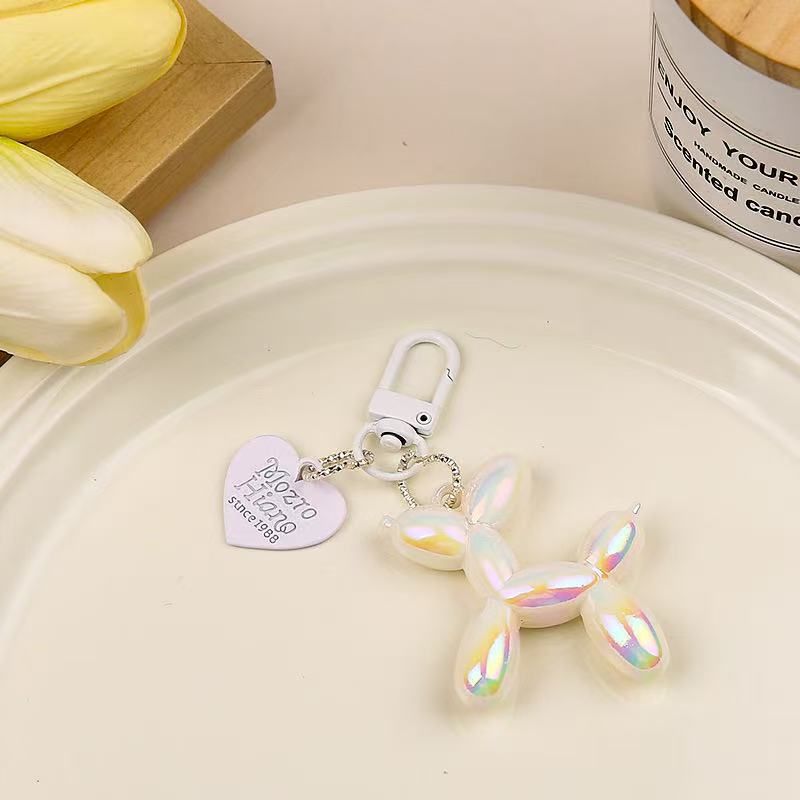 2-Piece White Balloon Dog Keychain Set with Heart Charm Bag Pendant Cute Couple Gift - Image 1