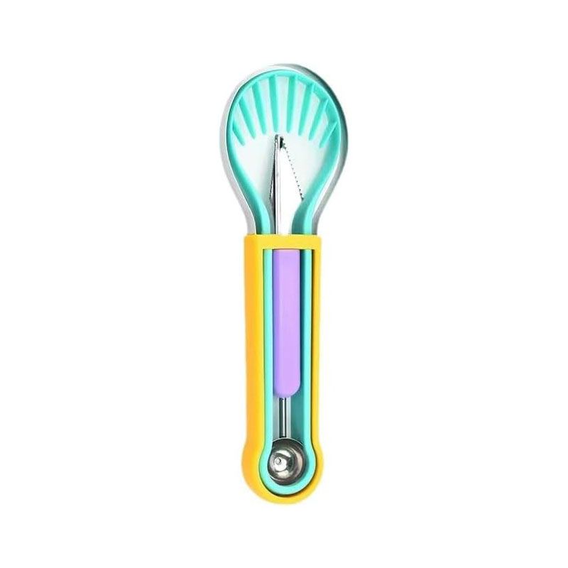 2-Piece Fruit Carving Tool Set Melon Baller Scoop Knife Stainless Steel(Yellow, blue and purple) - Image 1
