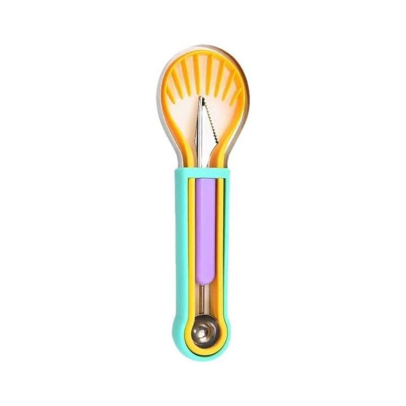 2-Piece Fruit Carving Tool Set Melon Baller Scoop Knife Stainless Steel(Blue, yellow and purple) - Image 1