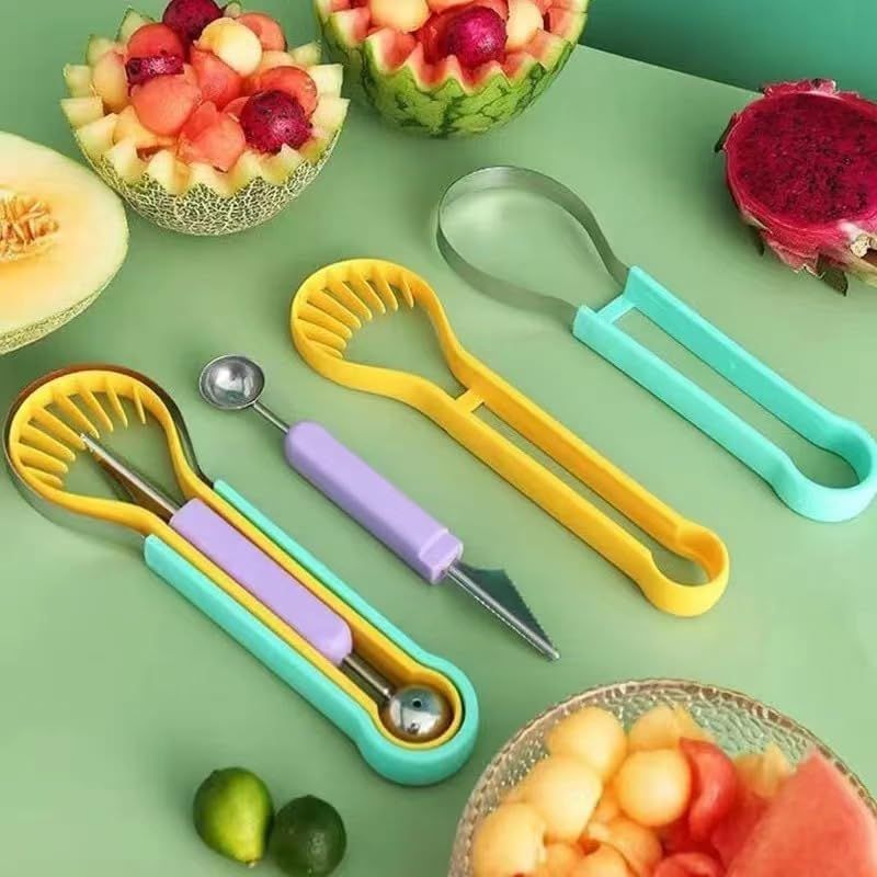 2-Piece Fruit Carving Tool Set Melon Baller Scoop Knife Stainless Steel(Blue, yellow and purple) - Image 3