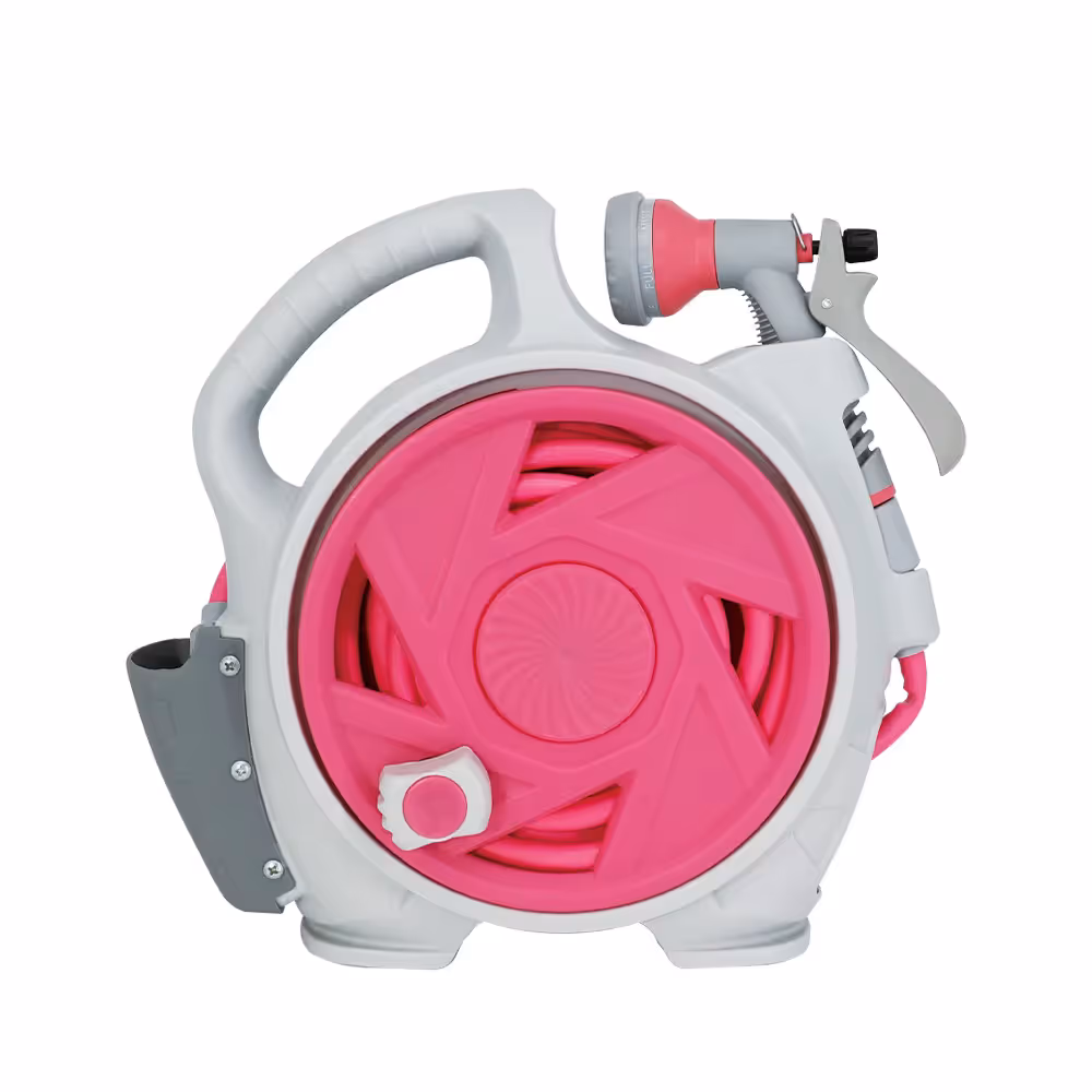 Pink Portable Hose Reel Cart with 14m Hose 7-Pattern Spray Gun Garden Watering System - Image 1