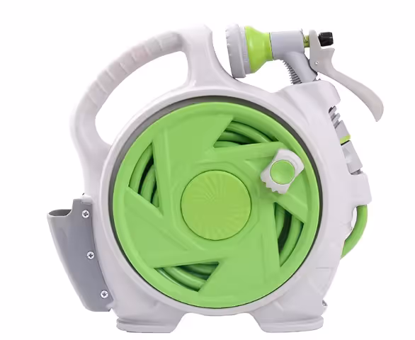 Green Portable Hose Reel Cart with 14m Hose 7-Pattern Spray Gun Garden Watering System - Image 1