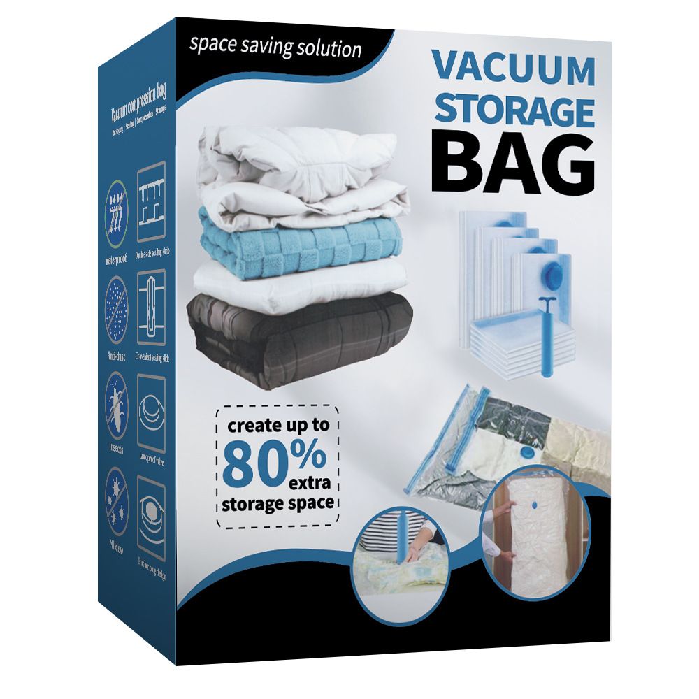 Vacuum Compression Storage Bags 6 Piece Set with Hand Pump for Clothes Bedding Travel - Image 1