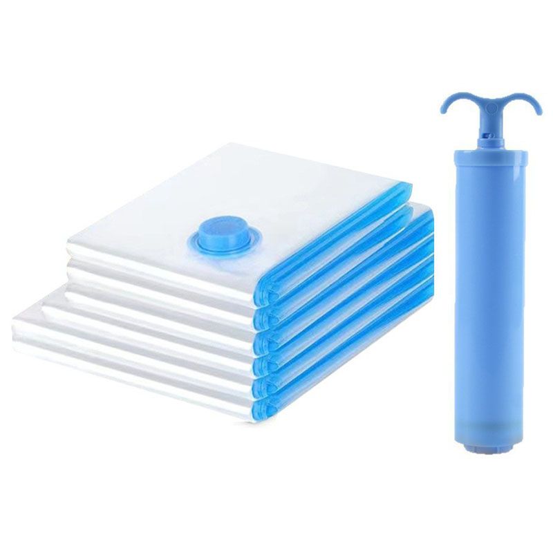 Vacuum Compression Storage Bags 7 Piece Set (6 Bags + Hand Pump) for Clothes Quilts Travel - Image 1