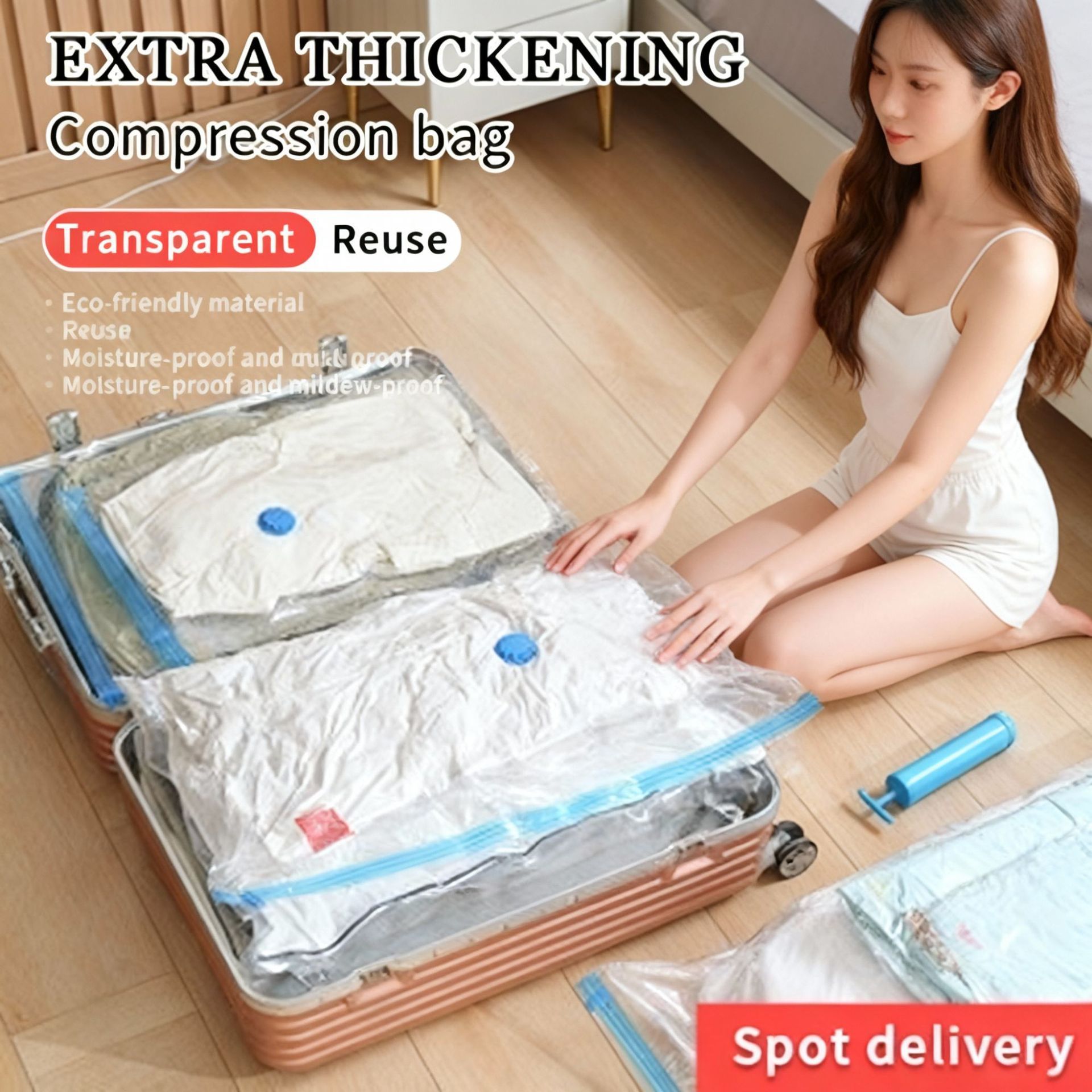 Vacuum Compression Storage Bags 7 Piece Set (6 Bags + Hand Pump) for Clothes Quilts Travel - Image 2