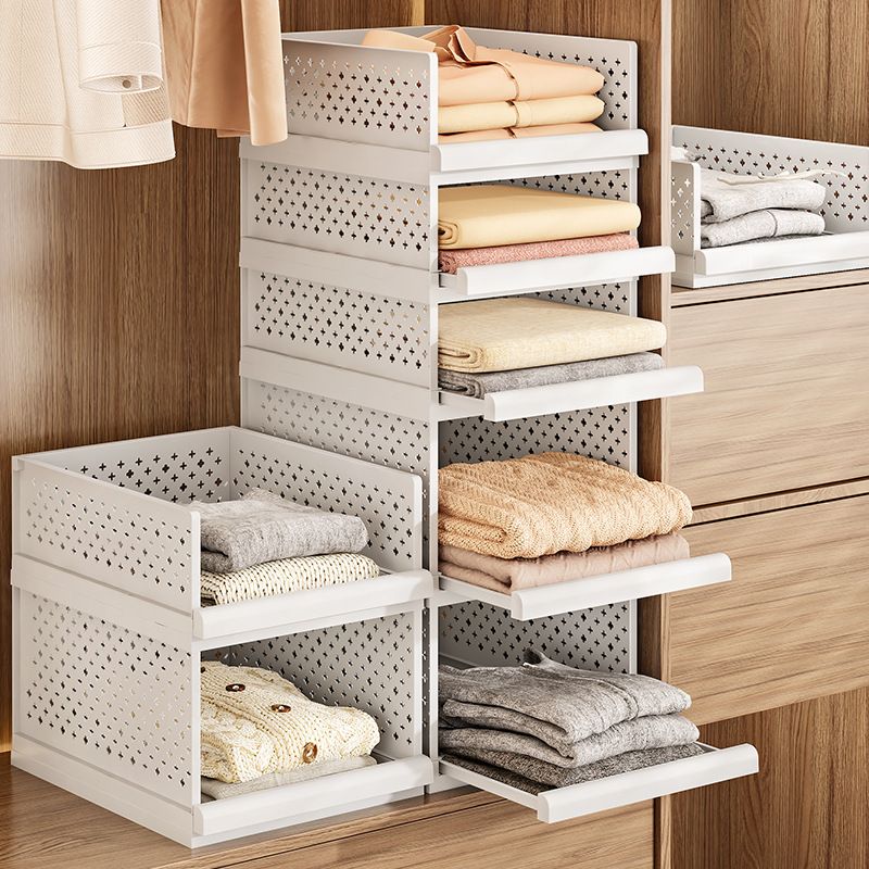 White Wardrobe Storage Organizers 2 Piece Set High & Low Pull-Out Drawer Style for Clothes - Image 2