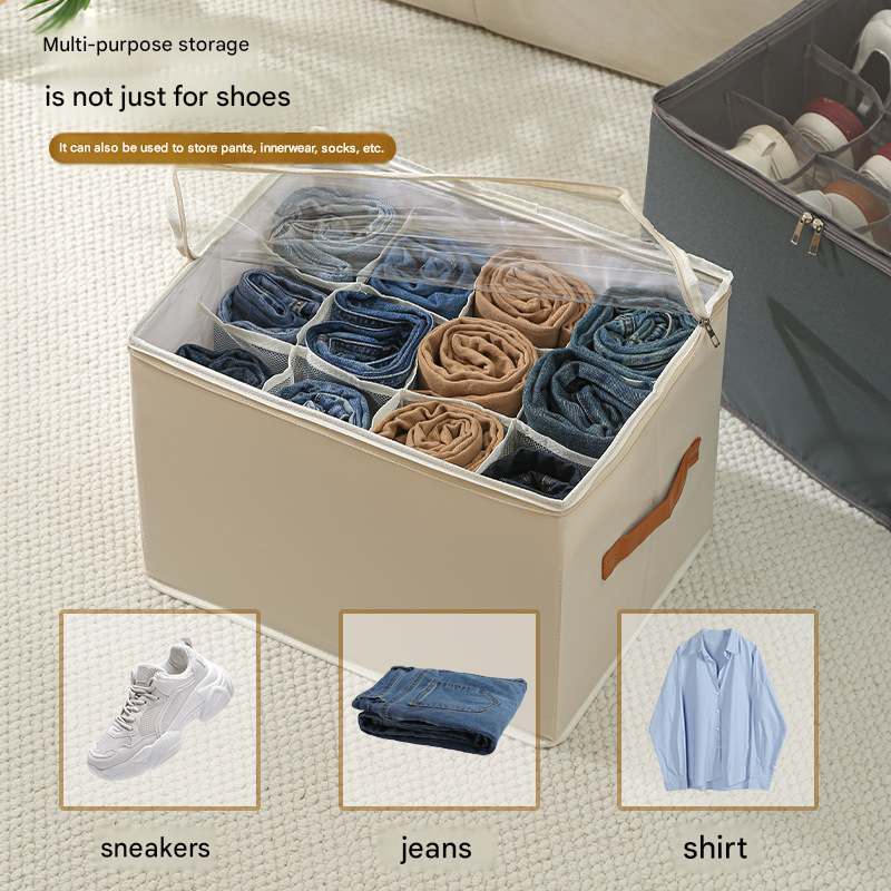 Beige Foldable Fabric Shoe Storage Box with Compartments Dustproof Moistureproof - Image 4