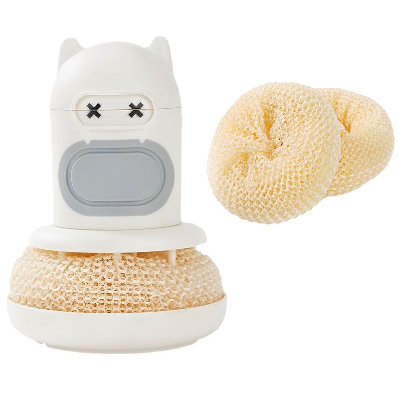 White Cartoon Press Dishwashing Brush with Replaceable Sponge Heads Kitchen Pot Cleaner - Image 1