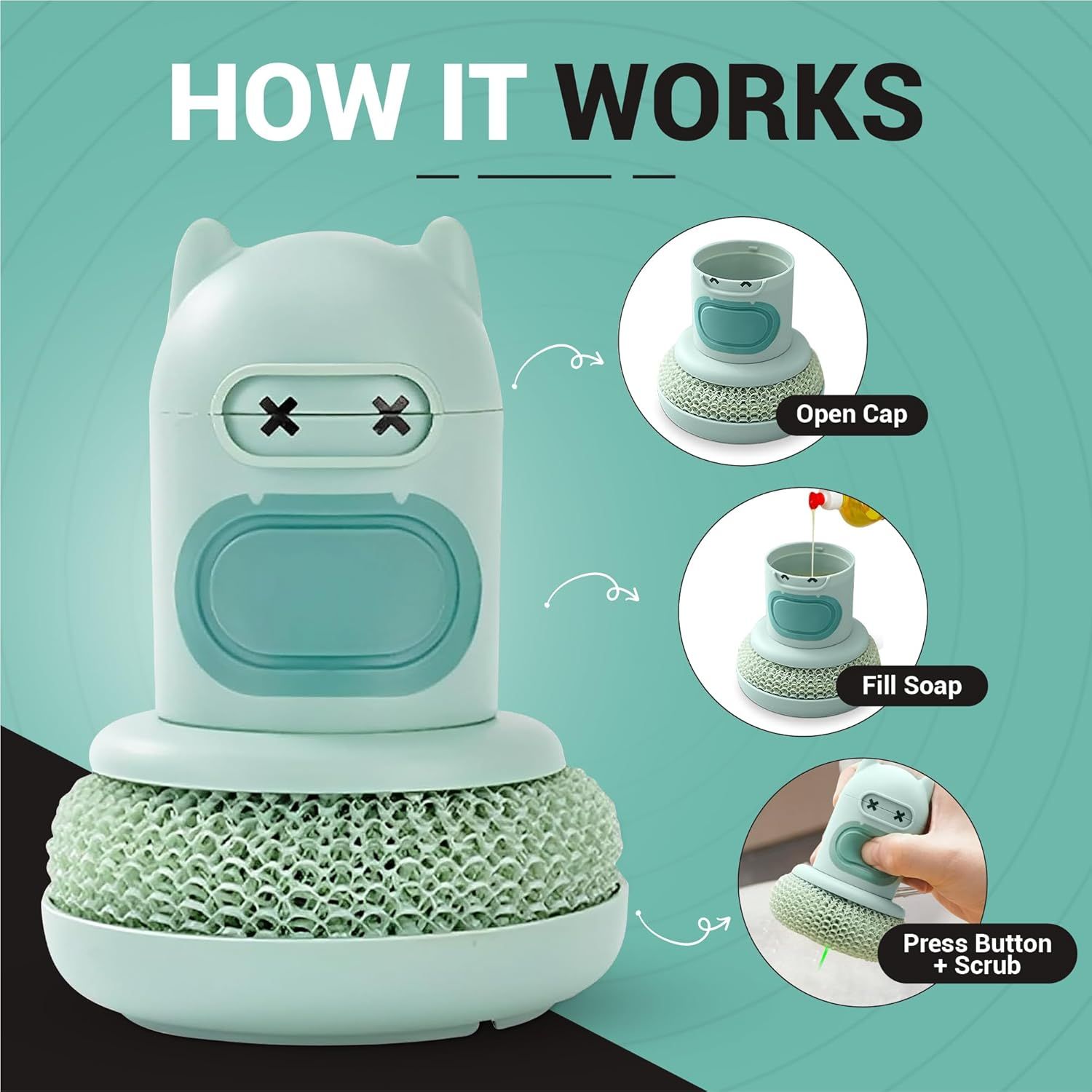 White Cartoon Press Dishwashing Brush with Replaceable Sponge Heads Kitchen Pot Cleaner - Image 2