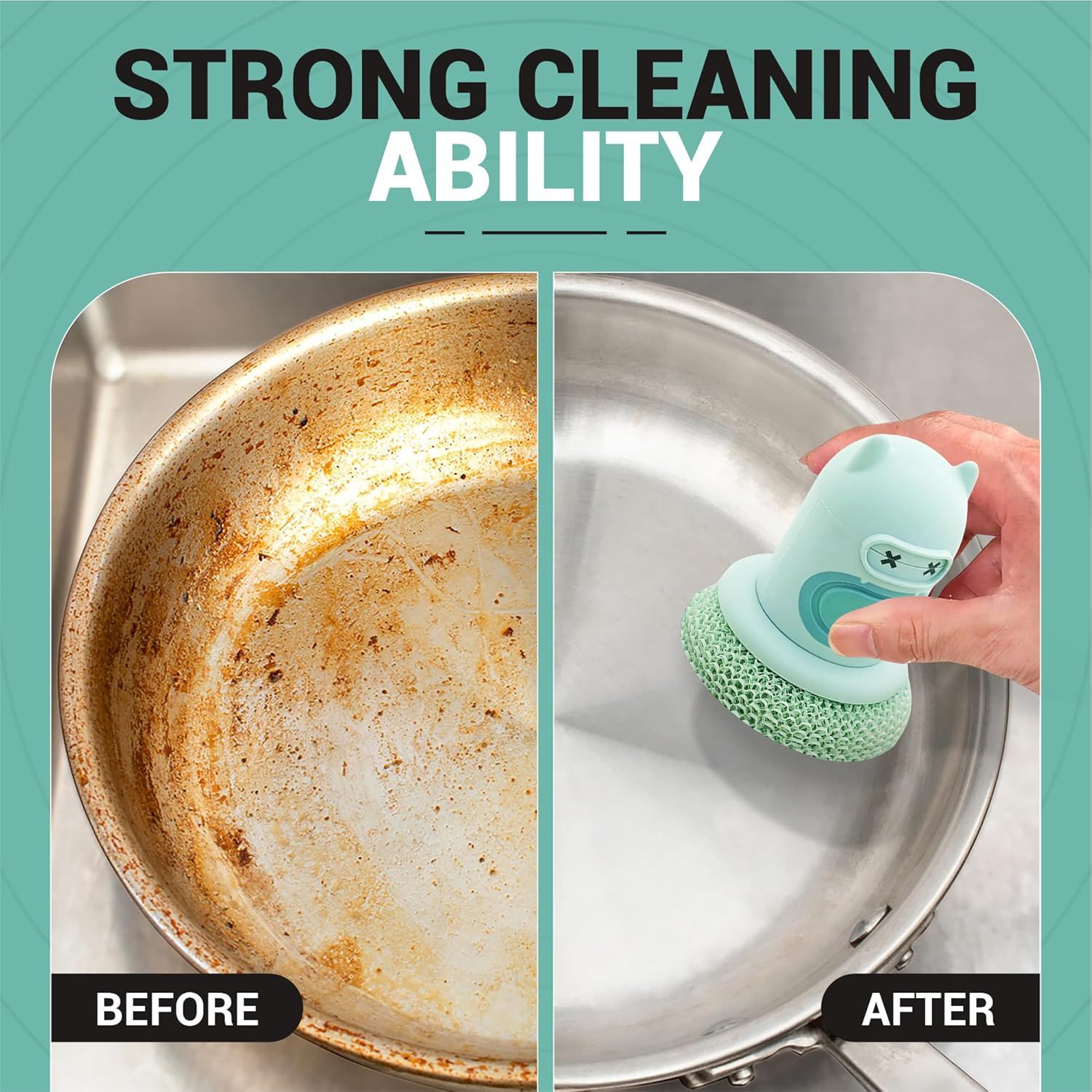White Cartoon Press Dishwashing Brush with Replaceable Sponge Heads Kitchen Pot Cleaner - Image 4