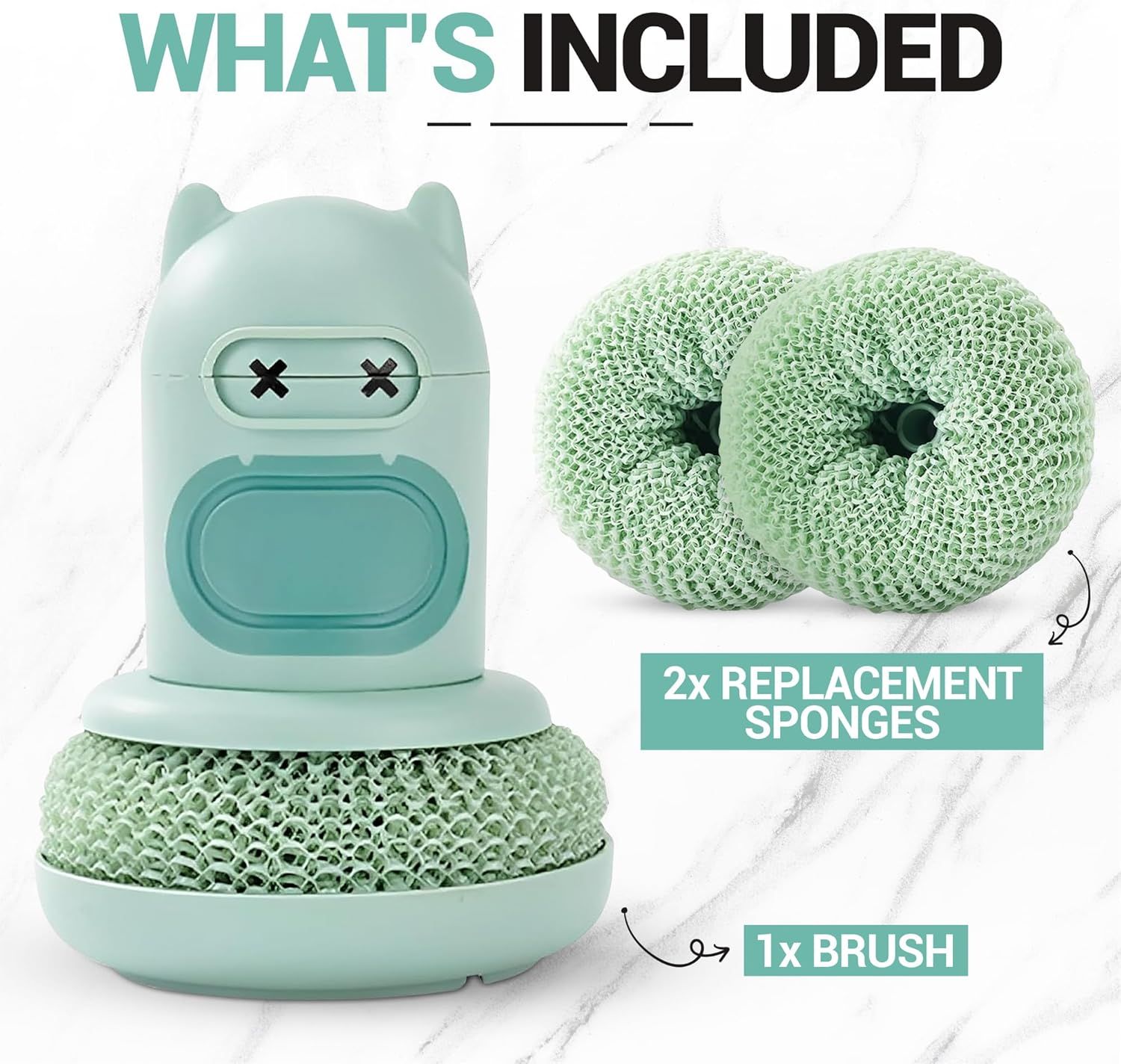 White Cartoon Press Dishwashing Brush with Replaceable Sponge Heads Kitchen Pot Cleaner - Image 5
