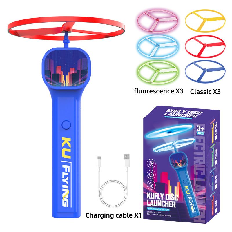 Blue LED Light Up Flying Disc Cat Toy Interactive UFO Launcher with Replacement Discs - Image 1