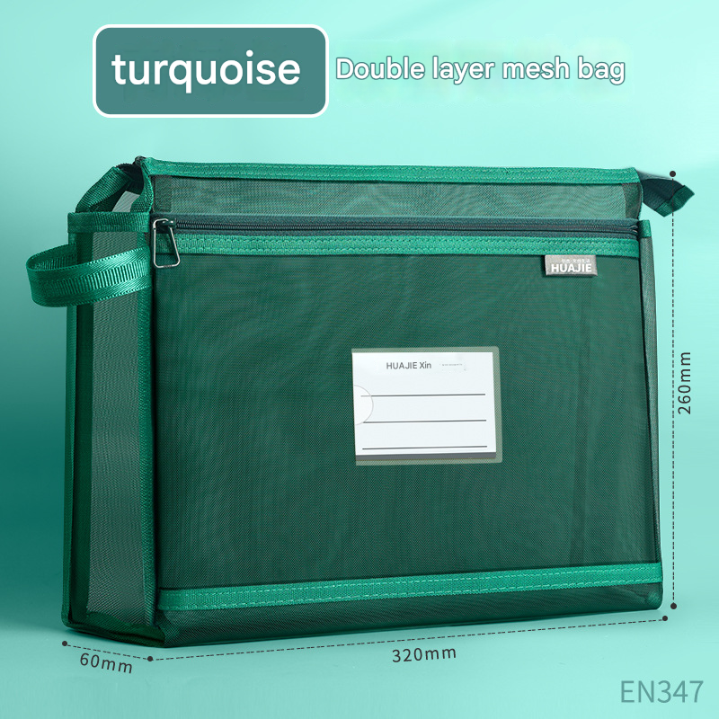 Turquoise Double Layer Mesh File Bag with Handle Large Capacity Student Subject Organizer - Image 1