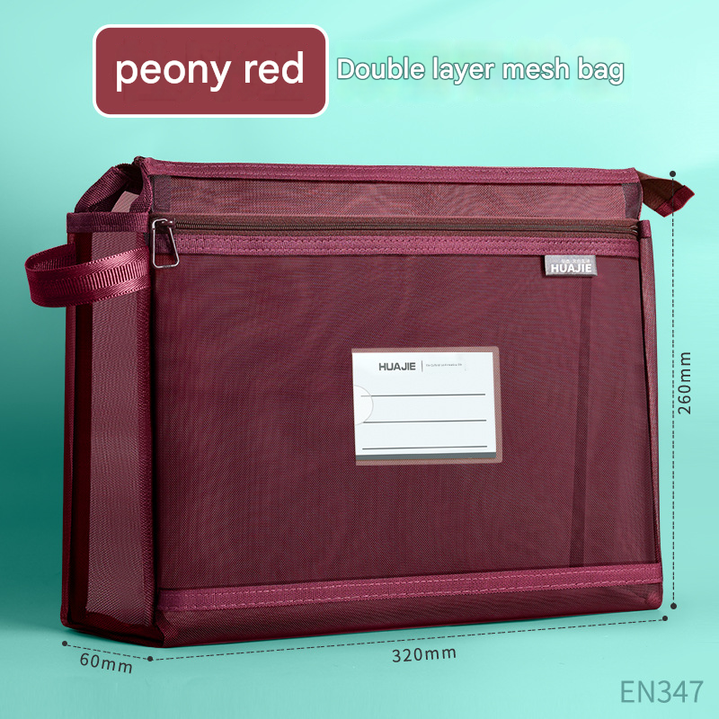 Peony Red Double Layer Mesh File Bag with Handle Large Capacity Student Subject Organizer - Image 1
