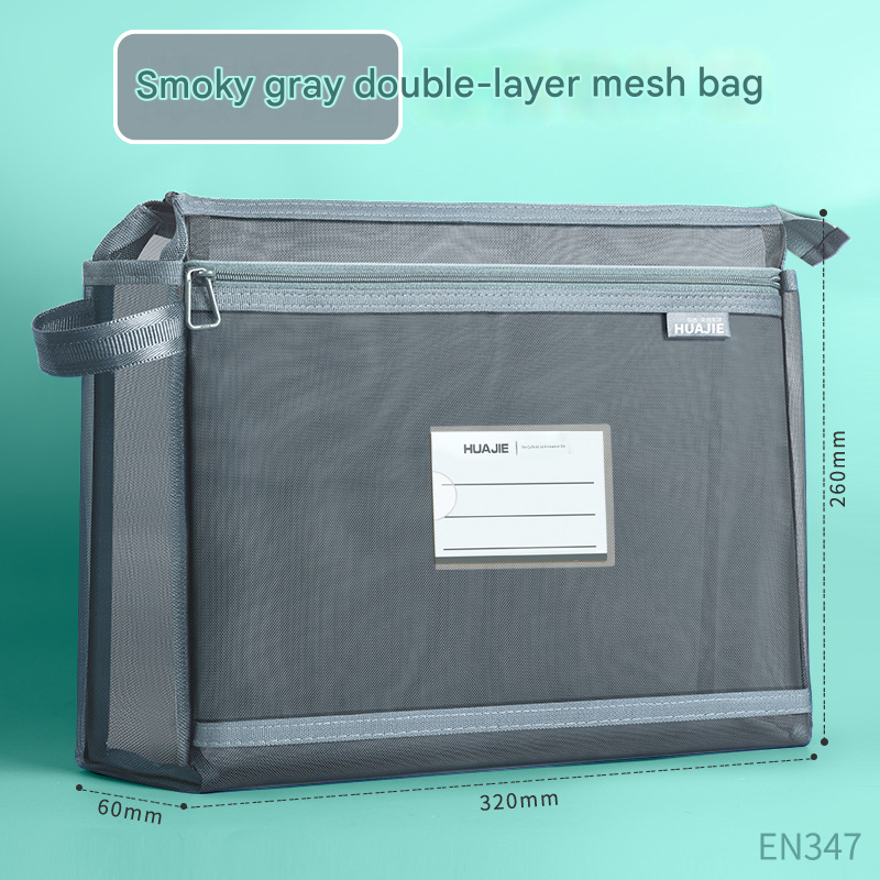 Smoky grey Double Layer Mesh File Bag with Handle Large Capacity Student Subject Organizer - Image 1