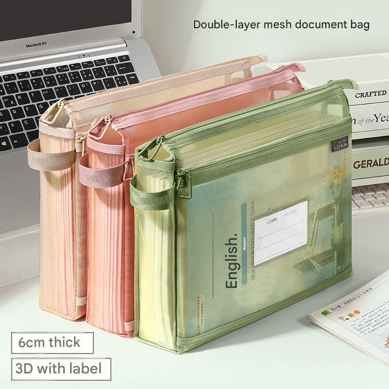 Smoky grey Double Layer Mesh File Bag with Handle Large Capacity Student Subject Organizer - Image 2