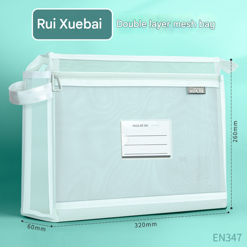 White Double Layer Mesh File Bag with Handle Large Capacity Student Subject Organizer - Image 1