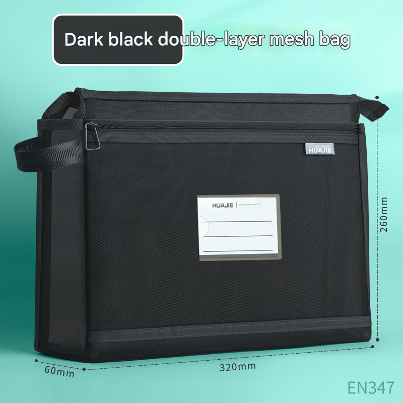 Black Double Layer Mesh File Bag with Handle Large Capacity Student Subject Organizer - Image 1