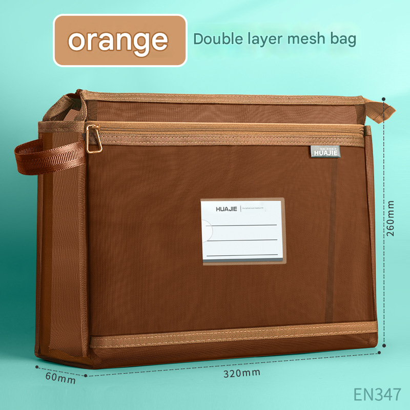 Orange Double Layer Mesh File Bag with Handle Large Capacity Student Subject Organizer - Image 1