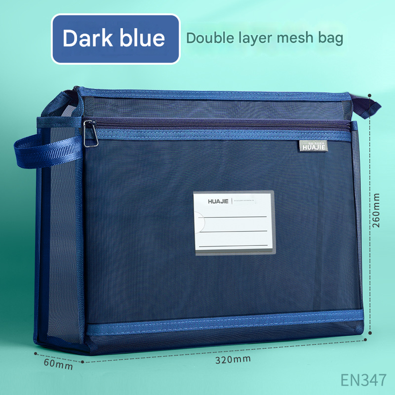 Dark blue Double Layer Mesh File Bag with Handle Large Capacity Student Subject Organizer - Image 1