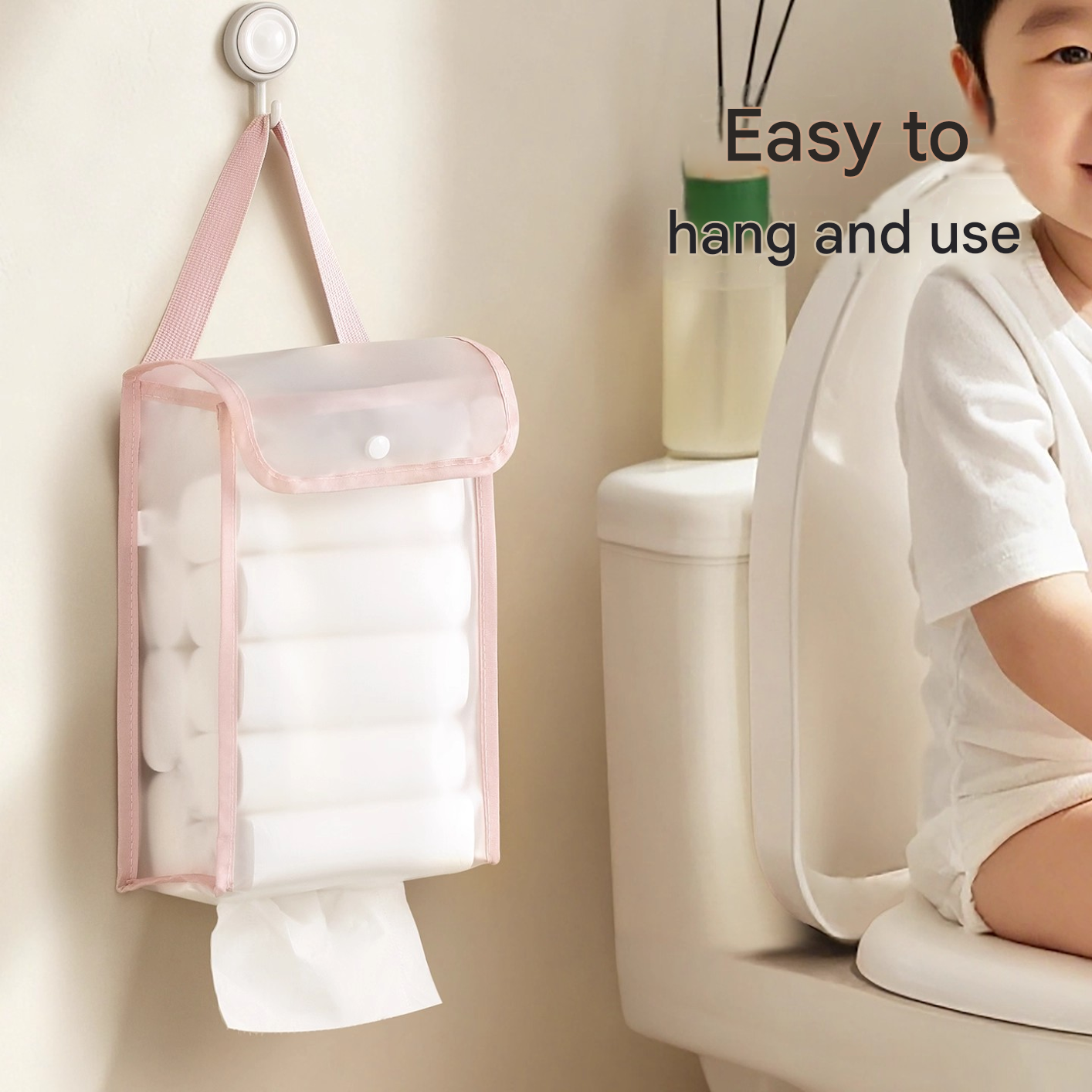 3 PCS White Wall Mounted Transparent Tissue Storage Bag Waterproof Hanging Holder with Adhesive Hook - Image 2
