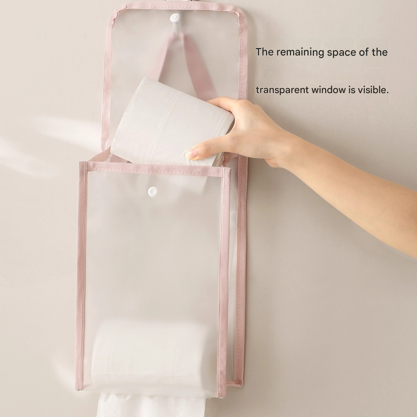 3 PCS Pink Wall Mounted Transparent Tissue Storage Bag Waterproof Hanging Holder with Adhesive Hook - Image 4
