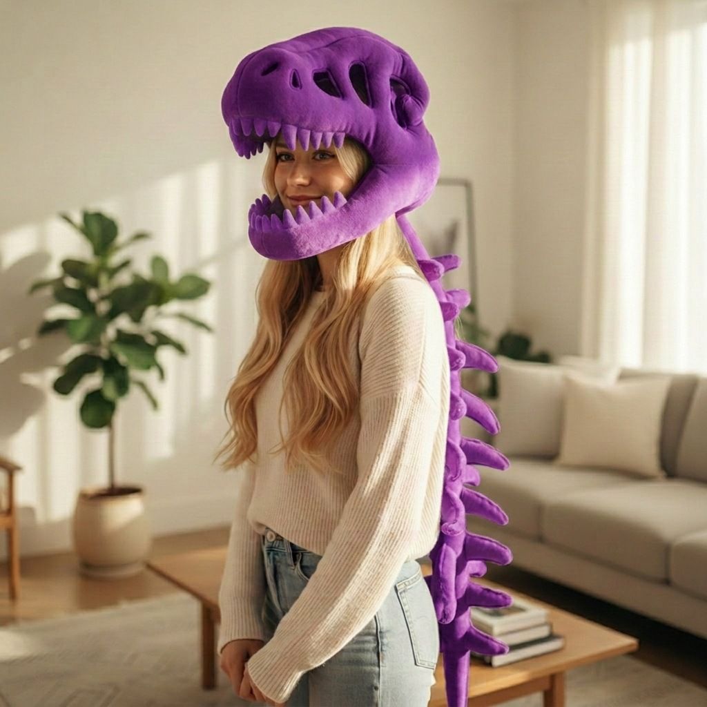 120CM Purple Funny Dinosaur Skeleton Plush Headwear – Quirky Bone Fossil Plushie Hat & Huggable Doll for Party Costumes and Birthday Gifts - Image 1