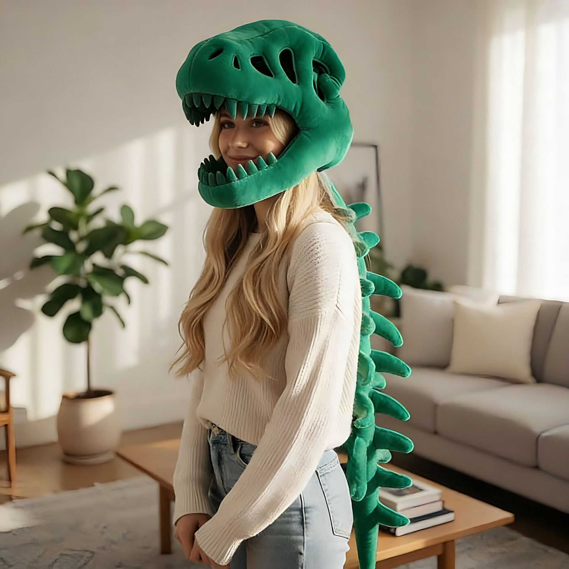 120CM Green Funny Dinosaur Skeleton Plush Headwear – Quirky Bone Fossil Plushie Hat & Huggable Doll for Party Costumes and Birthday Gifts - Image 1