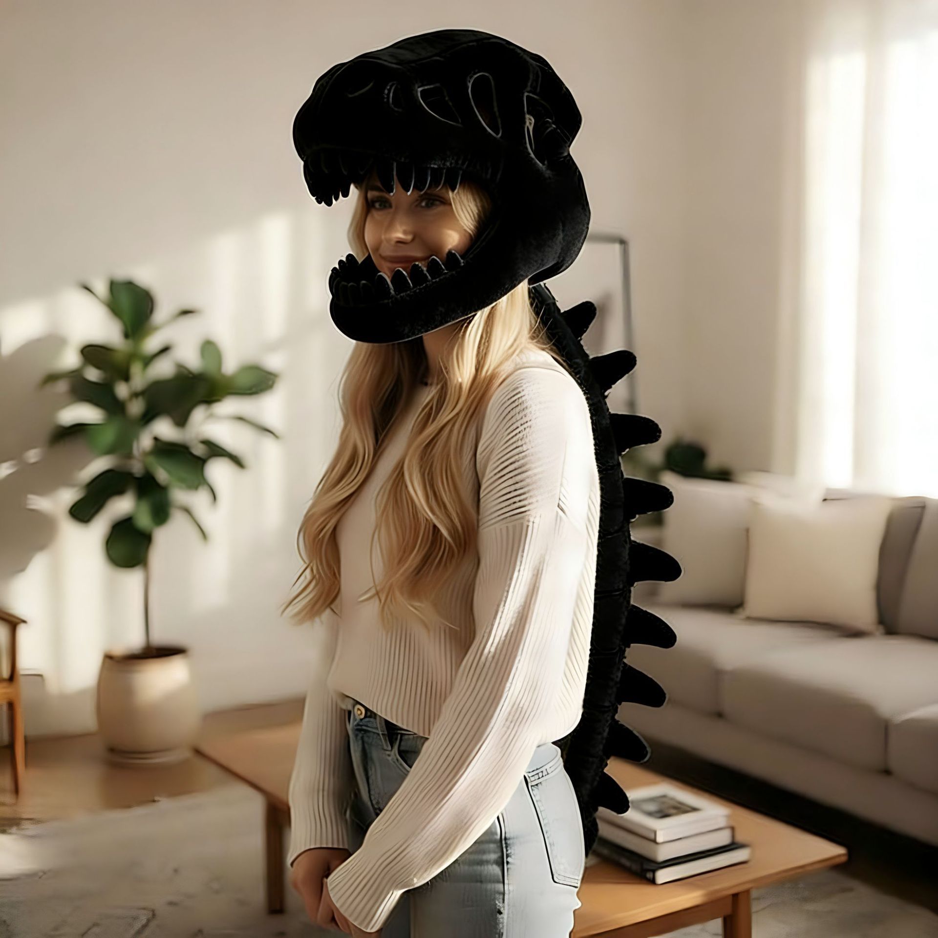 80CM Black Funny Dinosaur Skeleton Plush Headwear – Quirky Bone Fossil Plushie Hat & Huggable Doll for Party Costumes and Birthday Gifts - Image 1