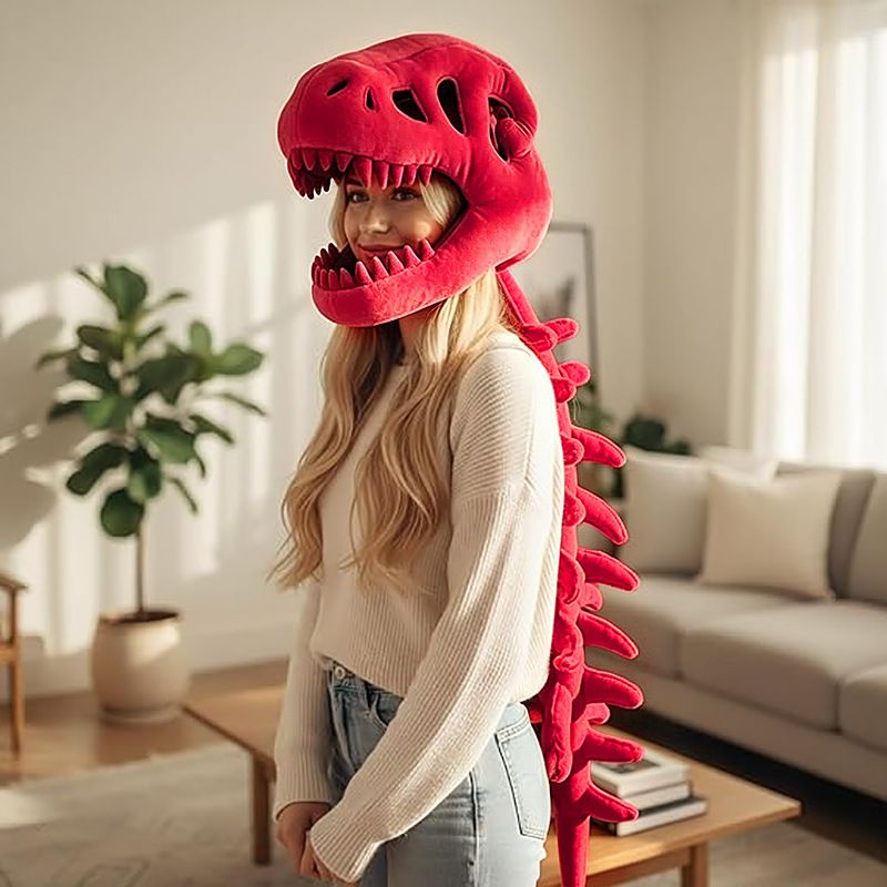 120CM Red Funny Dinosaur Skeleton Plush Headwear – Quirky Bone Fossil Plushie Hat & Huggable Doll for Party Costumes and Birthday Gifts - Image 1