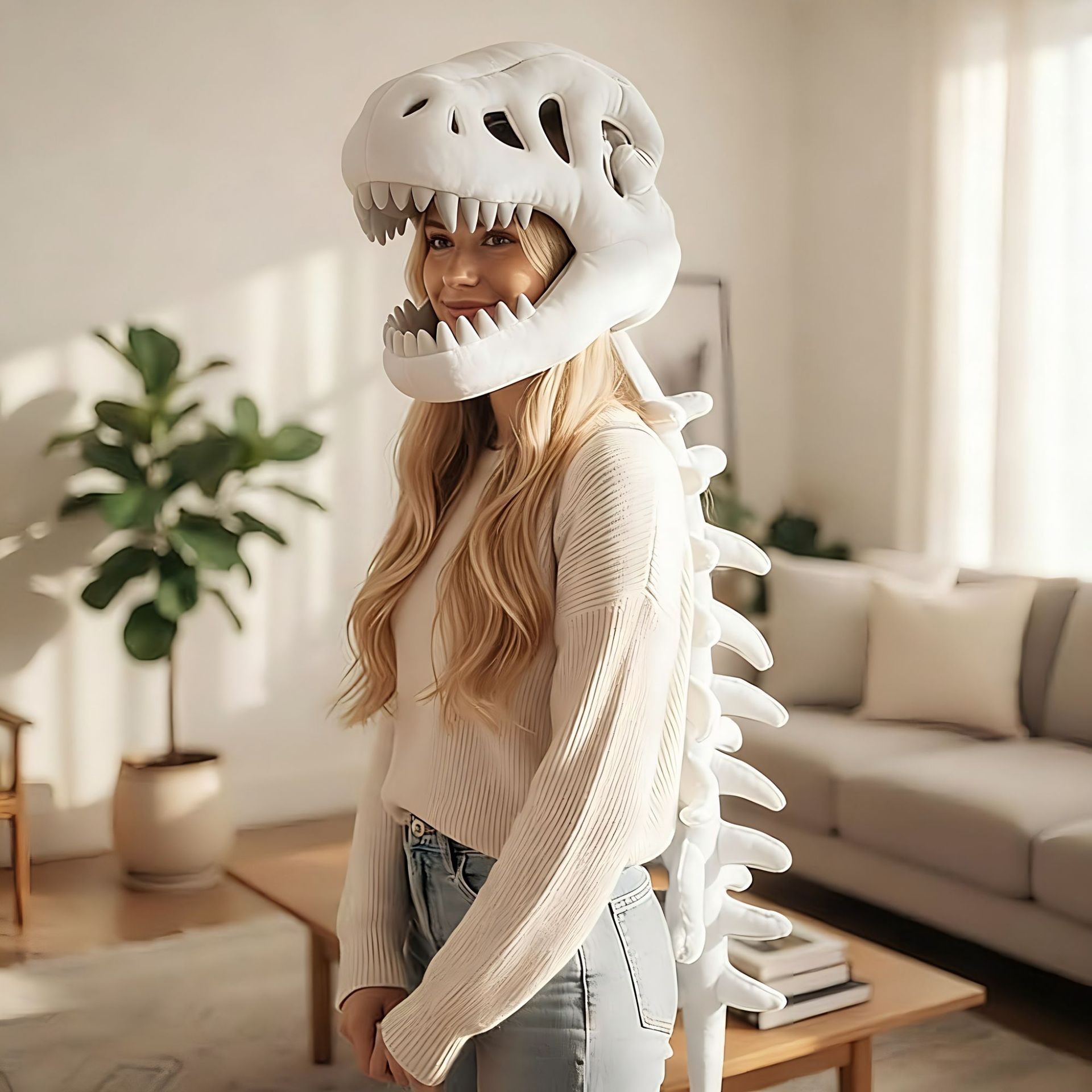 120CM White Funny Dinosaur Skeleton Plush Headwear – Quirky Bone Fossil Plushie Hat & Huggable Doll for Party Costumes and Birthday Gifts - Image 1