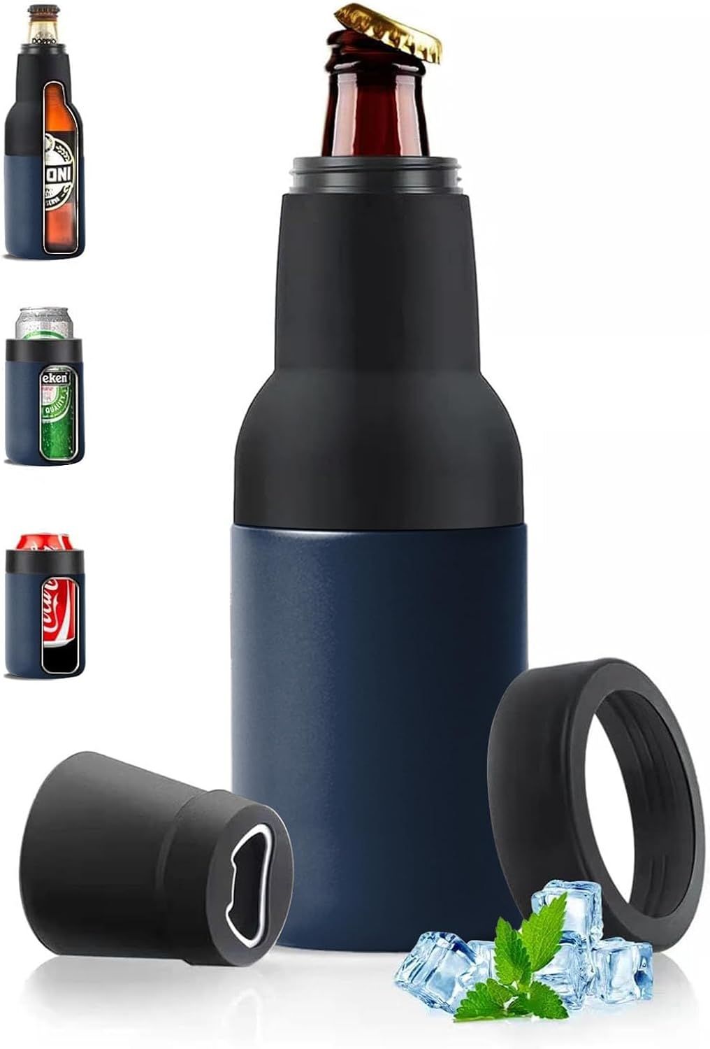 3-in-1 Beer Bottle Insulated Tumbler and Can Cooler with Bottle Opener – Double Wall Stainless Steel Soda Can Insulator & Holder for Car Outdoor Beverage Storage, 12oz Dark Blue - Image 1