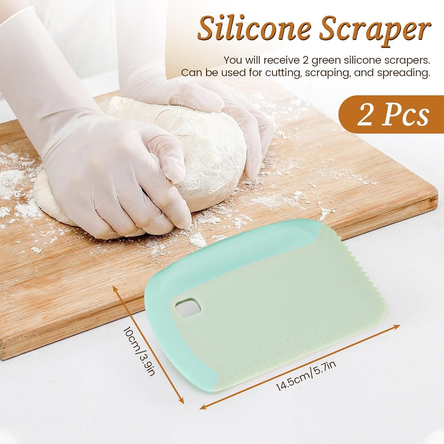 2-Pack Green Multipurpose Dough Scraper Cutter with TPE Soft Grip Handle, Dual Sided Scale & Serrated Edge - Pastry Bench Scraper for Baking, Pizza, Cake Decorating Kitchen Prep - Image 2