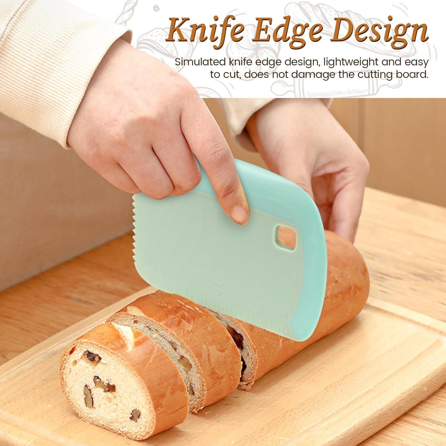 2-Pack Green Multipurpose Dough Scraper Cutter with TPE Soft Grip Handle, Dual Sided Scale & Serrated Edge - Pastry Bench Scraper for Baking, Pizza, Cake Decorating Kitchen Prep - Image 3