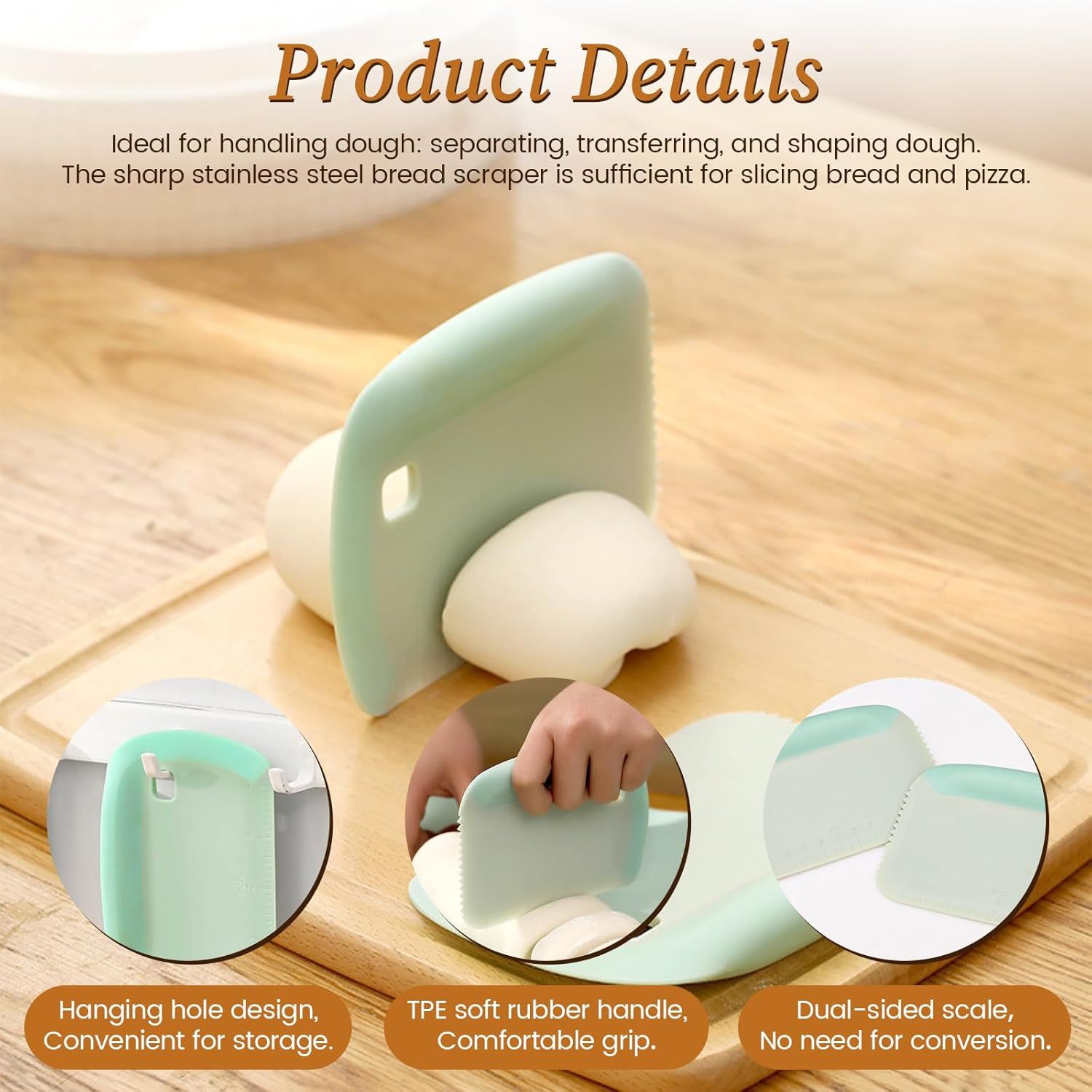 2-Pack Green Multipurpose Dough Scraper Cutter with TPE Soft Grip Handle, Dual Sided Scale & Serrated Edge - Pastry Bench Scraper for Baking, Pizza, Cake Decorating Kitchen Prep - Image 4