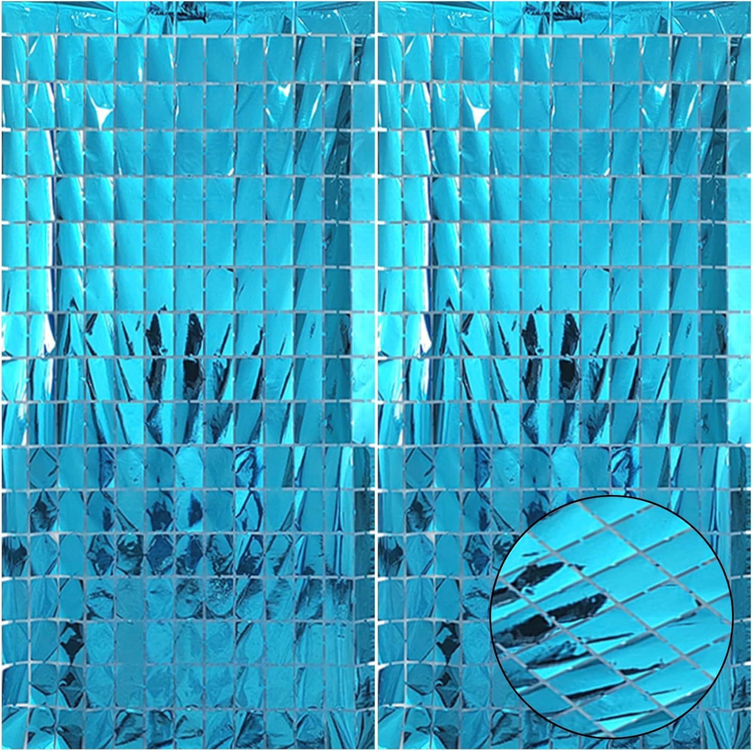 Blue 3D Shimmer Foil Fringe Square Cube Curtain (2 PCS) – 1m x 2m Self-Adhesive Metallic Backdrop for Birthdays, Weddings, and Party Wall Decor - Image 1