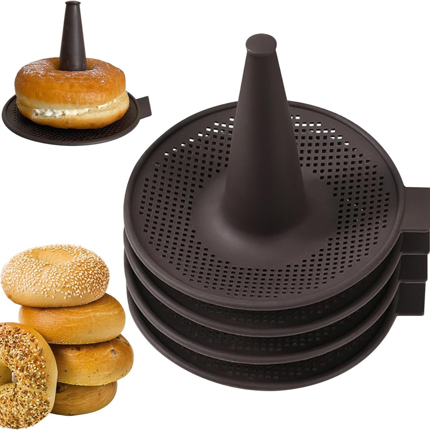 Silicone Donut Baking Mould for Homemade Baking - Heat Range -30℃ to 230℃, Non Stick Pastry Pans with Perforated Base & Cone Centre (5pcs Coffee) - Image 1