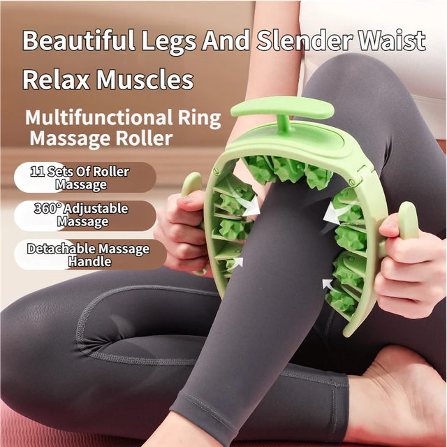 Green and White Multifunctional Ring Massage Roller with Detachable Handles - Dual Row 11 Wheel Manual Massager for Full Body Muscle Relief, 180 Degree Flexible Adjustable Width - Image 2