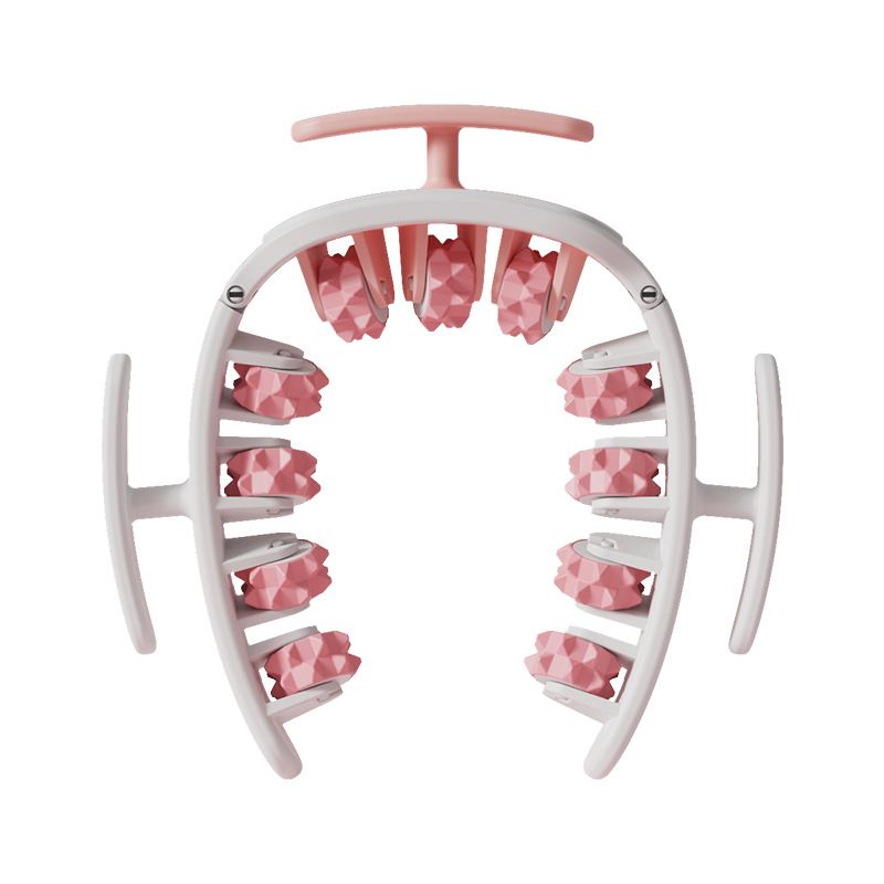 Pink and White Multifunctional Ring Massage Roller with Detachable Handles - Dual Row 11 Wheel Manual Massager for Full Body Muscle Relief, 180 Degree Flexible Adjustable Width - Image 1