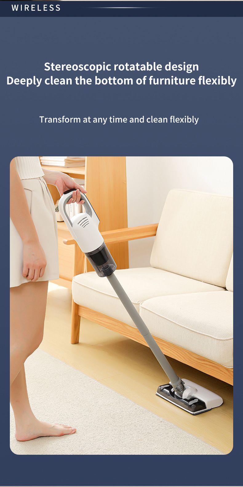 White Wireless Stick Vacuum and Stereoscopic Mop with 2 Filters, Swivel Brush Head and 106cm Handled Pole - One Click Operation, 19KPA Super Suction, 300ML Detachable Water Tank, 600ML Dust Cup for Floor Blind Spot and Wet Dry Dual Use - Image 6
