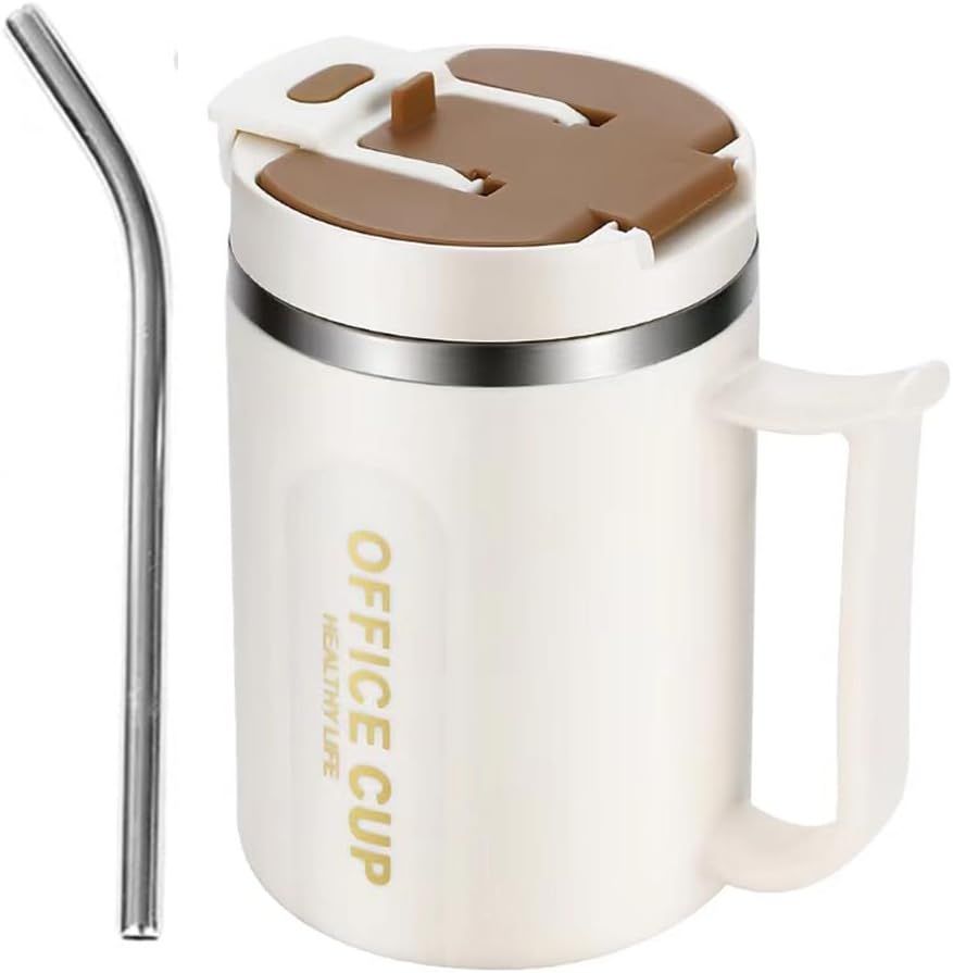 White and Brown 16oz Stainless Steel Office Mug with Phone Stand Lid, Straw and Spoon - 500ML Double Wall Insulated Coffee Cup, Wide Handle and 3 Drinking Ways - Image 1